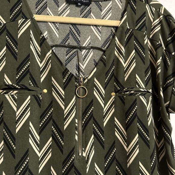 FIFTY STREET Blouse Womens XL Olive Green Chevron Half Zip Patterned Casual - Picture 3 of 5